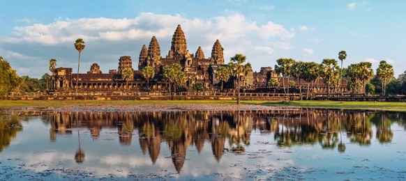ancient khmer architecture. panorama view of angkor wat temple at sunset. siem reap, cambodia