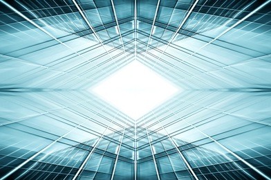 panoramic and prospective wide angle view to steel light blue background of glass high rise building skyscraper commercial modern city of future. business concept of successful industrial architecture