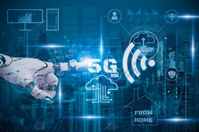 internet of things or iot concept,with robotic hand touch 5g symbol,5g network and wifi symbol cover area urban,concept futuristic fast communication and modern convenience,connectivity every device
