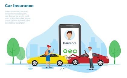 car accident, 2 cars crashed on the street. driver man and woman holding smartphone calling help from car insurance agent. car accident and car insurance concept.