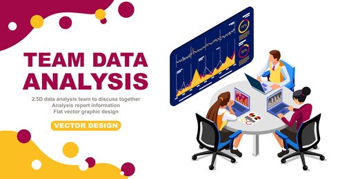 2.5d data analysis team discusses analysis report information flat vector graphic design