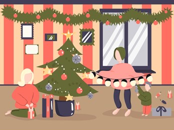 family decorates christmas tree on the eve christmas