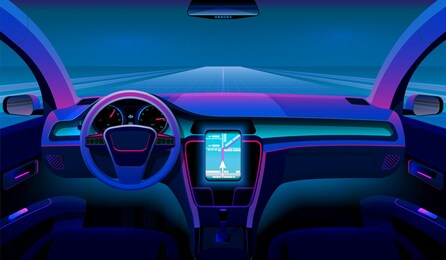 inside futuristic car. neon auto, modern interior and road grid. driverless vehicle on night traffic vector background