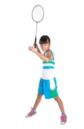 young asian malay girl with a badminton racket over white background