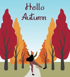 redhead woman joyfully jumping in the forest. hello autumn. vector