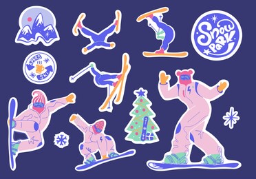 collection of snowboarders and skier isolated sticker.extreme winter mountain activity.set of people wearing outfit riding snowboard.vector illustration in flat cartoon style.snow park.
christmas tree