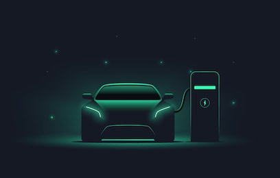 electric car at charging station. front view electric car silhouette with green glowing on dark background. ev concept. vector illustration