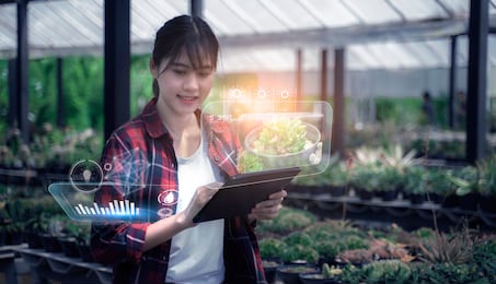 smart farmer woman using tablet technology maintaining agriculture growth farming greenhouse plants researching taking care science development cultivating analyzing flora nature natural vegetation