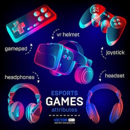 cybersport games icon set - abstract vr helmet with glasses, headphones, gamepad, joystick. outline vector illustration of different attributes for retro games and streaming in 3d neon line art style