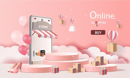 paper art shopping online on smartphone and new buy sale promotion pink backgroud for banner market ecommerce.