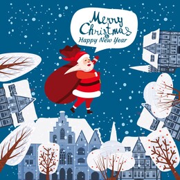 santa claus with a bag of gifts on the roofs of houses wishes a merry christmas and happy new year. old european architecture, lettering, snow, vector flat cartoon illustration