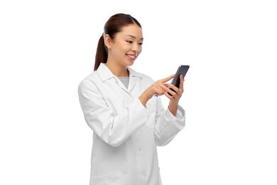 medicine, technology and healthcare concept - happy smiling asian female doctor or scientist with stethoscope using smartphone over white background