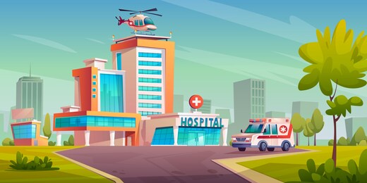 hospital building with ambulance van, helicopter on roof, cityscape with trees and skyscrapers. vector modern healthcare clinic architecture, first emergency transport, urgency ambulatory office