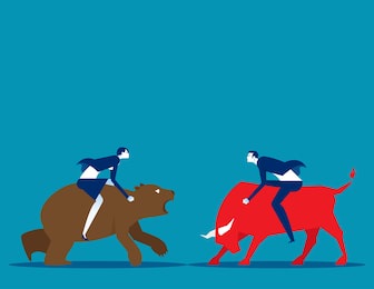 business people with bull and bear market. stock market and exchange