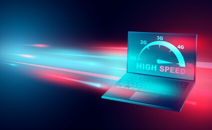high speed internet concept. 5g network on computer laptop broadband networks speed. isometric flat design vector illustration