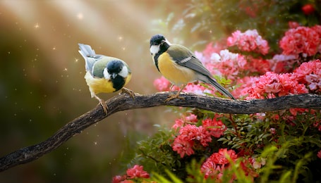 fantasy portrait of two tit birds sitting on tree branch in magical enchanted fairy tale dreamy elf forest, fabulous fairytale pink rose flower garden and cute songbirds, glowing sun rays in morning