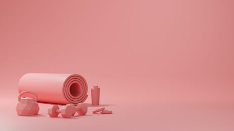 sport fitness equipment, yoga mat, kettlebell ,bottle of water, dumbbells in pink color.female concept, 3d rendering.