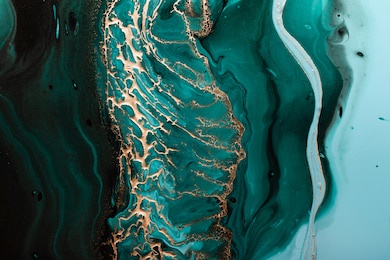 acrylic fluid art. dark green waves in abstract ocean and golden foamy waves. marble effect background or texture.