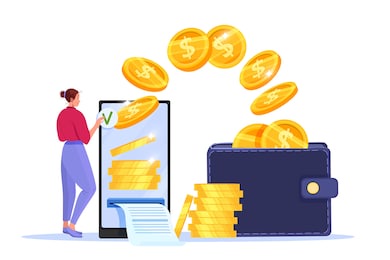 secure mobile payment, money transfer or online finance concept with smartphone, woman, flying coins, wallet. digital internet transaction or cashback banking illustration. safe money transfer clipart