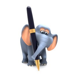 3d render of an elephant writing with a pen