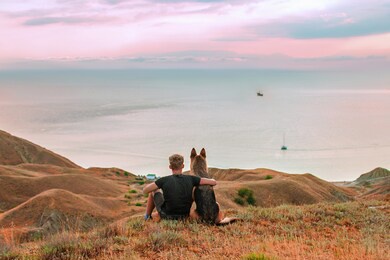 owner and  dog is sitting in the mountains and looking at the sea sunset. german shepherd dog travels with the owner. pets friendship and travel concept. 