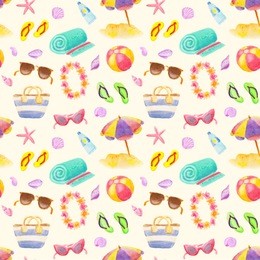 watercolor seamless beach pattern. summer beach vacation objects.