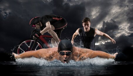 triathlon sport collage. man running, swimming, biking for competition race