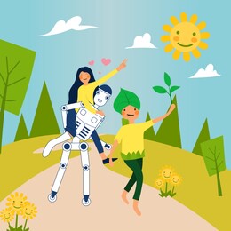 woman and robot and nature character walk together on road. robot carry girl on her back and walk on a natural path. concept power of dream. vector illustration for graphic design or eco background