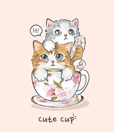 cute cup slogan with cute cat couple in floral tea cup illustration