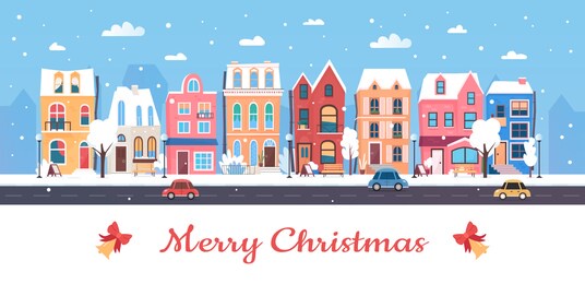 merry christmas, happy new year in winter city illustration. cartoon flat urban wintery snowy cityscape with cute town houses, car on street road and snow trees. greeting card design background