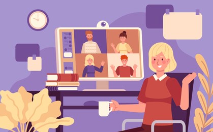 online meeting. video conference woman online meeting with colleagues, remote work using computer, collective virtual chat  concept. illustration online communication at computer