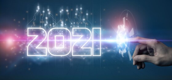 2021 futuristic tehcnology trend concept, hand man pointing in concept futuristic in 2021 coming year the year of artificial intelligence ,big data, iot, augmented reality, machine learning