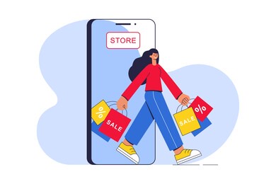 online shopping in a phone app. happy young woman with shopping bags leaves the online store. big seasonal sale and discount at store, shop, mall. cartoon character. flat vector concept illustration.