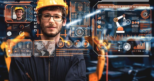 facial recognition technology for industry worker to access machine control . future concept interface showing digital biometric security system that analyze human face to verify personal data .