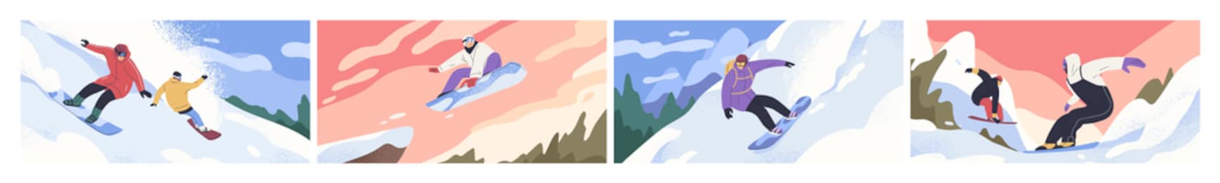 set of scenes of snowboarders riding boards at snowy mountainsides or slopes. people in winter outfit sliding and jumping with snowboards. outdoor sports activity. colorful flat vector illustration