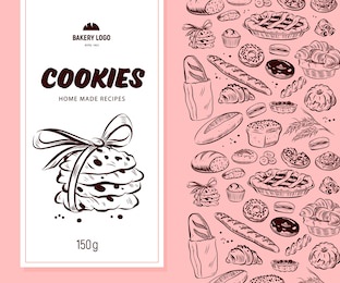 vector packaging design with bakery goods pattern and cookies label, banner. hand drawn cookie illustration, vintage sketch style. line art.