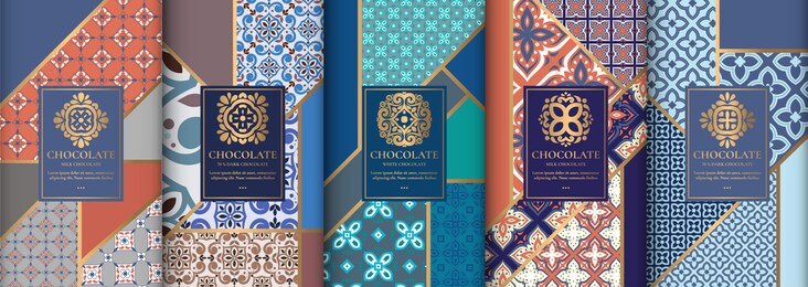 colorful packaging design of chocolate bars. vintage vector ornament template. elegant, classic elements. great for food, drink and other package types. can be used for background and wallpaper.