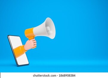 cartoon  hand holding yellow loudspeaker and show through smartphone screen over blue background. online internet advertising announcement concept. 3d render illustration