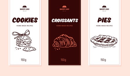 collection of desserts labels with cookies, croissants and pies packaging. hand drawn doodle style. vector illustration.