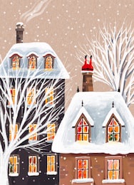 winter postcard with snowy buildings and father christmas stuck upside down in a chimney - hand drawn christmas illustration