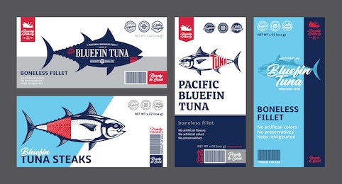 vector pollock labels and packaging design concepts. alaska pollock fish illustrations. flat style seafood labels for groceries, fisheries, packaging, and advertising