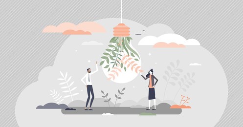 energy saving mode and low electricity consumption with green mode energy tiny person concept. abstract lightbulb with plants as environmental and nature friendly solution vector illustration.