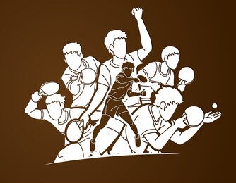 group of ping pong players, table tennis players action cartoon sport graphic vector.