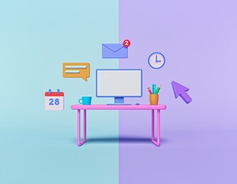 computer desk with technology icons. minimal workplace concept. office interior. 3d rendering