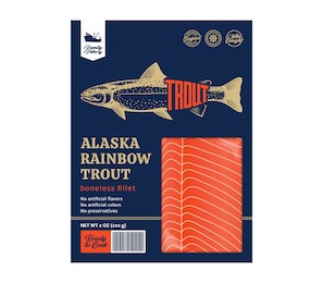 vector trout packaging design concept. modern style seafood illustration. raw trout fillet in a package isolated on a white background