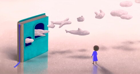 education￼ learning dream hope inspiration and freedom concept, girl with  ￼imagination book. surreal painting. fantasy art, conceptual artwork, happiness of child , 3d illustration