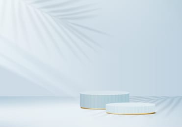 stage 3d abstract minimal scene with leaf geometric platform. background vector rendering with podium. cylinder to show cosmetic products. stage showcase on pedestal modern 3d studio blue pastel