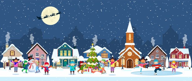 happy new year and merry christmas winter old town street. christmas town city panorama. santa claus with deers in sky above the city. illustration in flat style