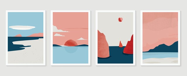 mountain and landscape wall arts collection. abstract art with land, desert, home, way, sun, sky. design for wall art home decoration, prints, digital and smart phone wallpaper, fabric and background