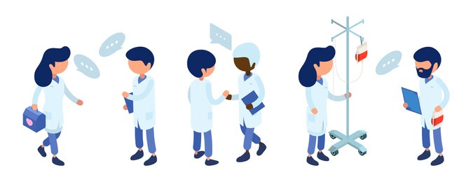 doctors staff. medical team communication. isometric doctor characters illustration. hospital staff